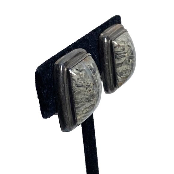 Vintage Sterling Silver Gray Stone Square Earrings Clip On Chunky Mottled Stone - Picture 5 of 11